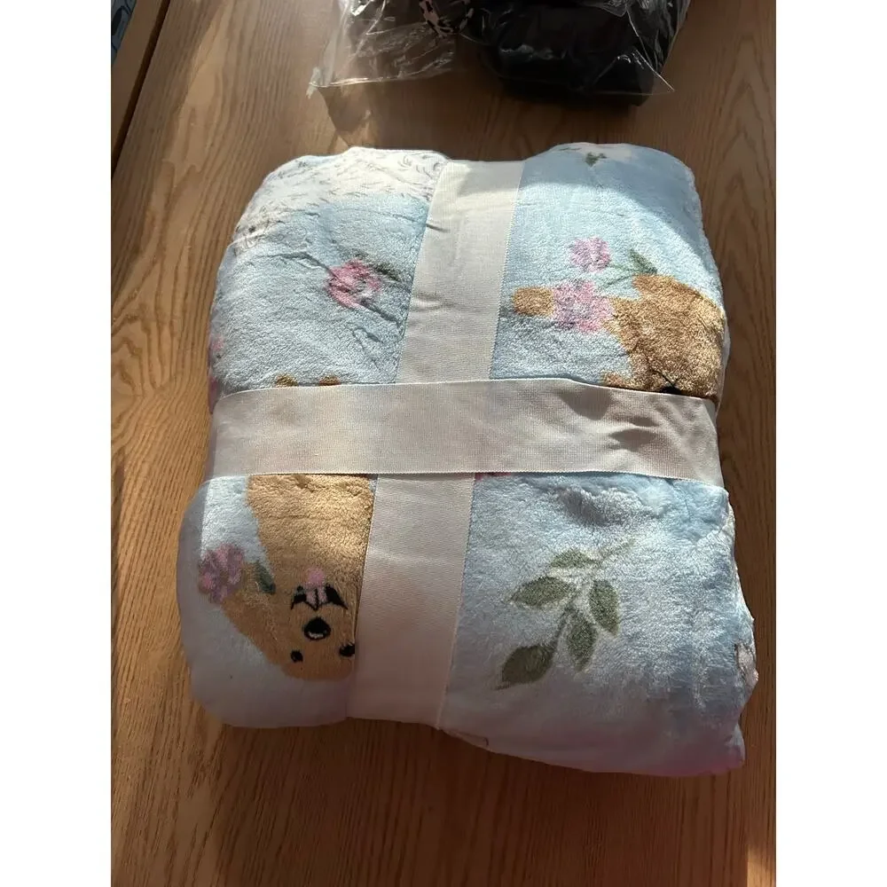 New Members Mark Springtime Dogs Velvet Plush Throw Blanket Baby Blue 60”x70”